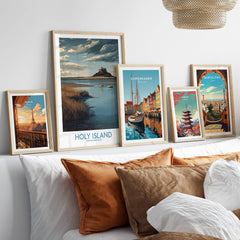 Holy Island Northumberland Poster | Historic England Coast Canvas Print displayed among other travel art pieces.