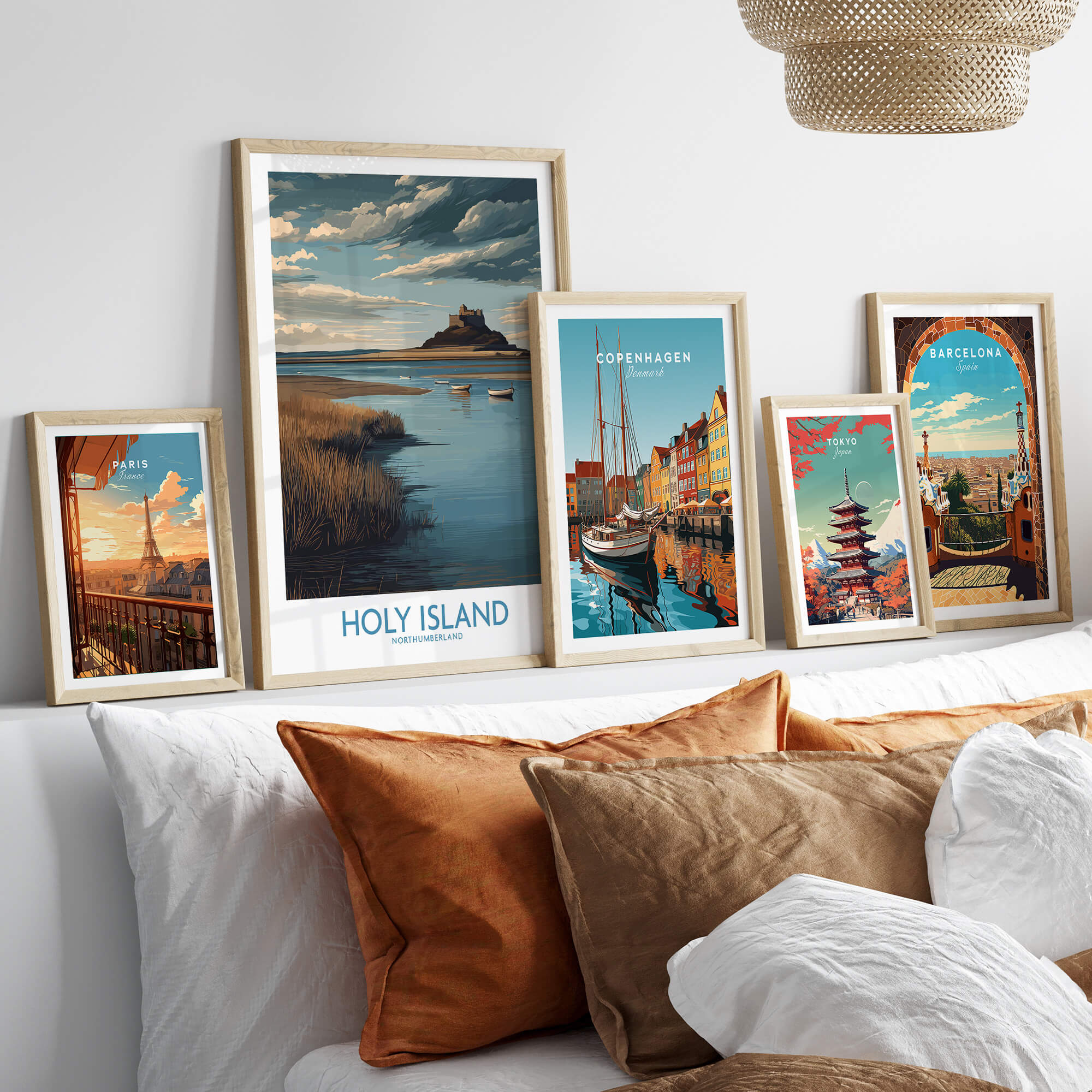 Holy Island Northumberland Poster | Historic England Coast Canvas Print displayed among other travel art pieces.
