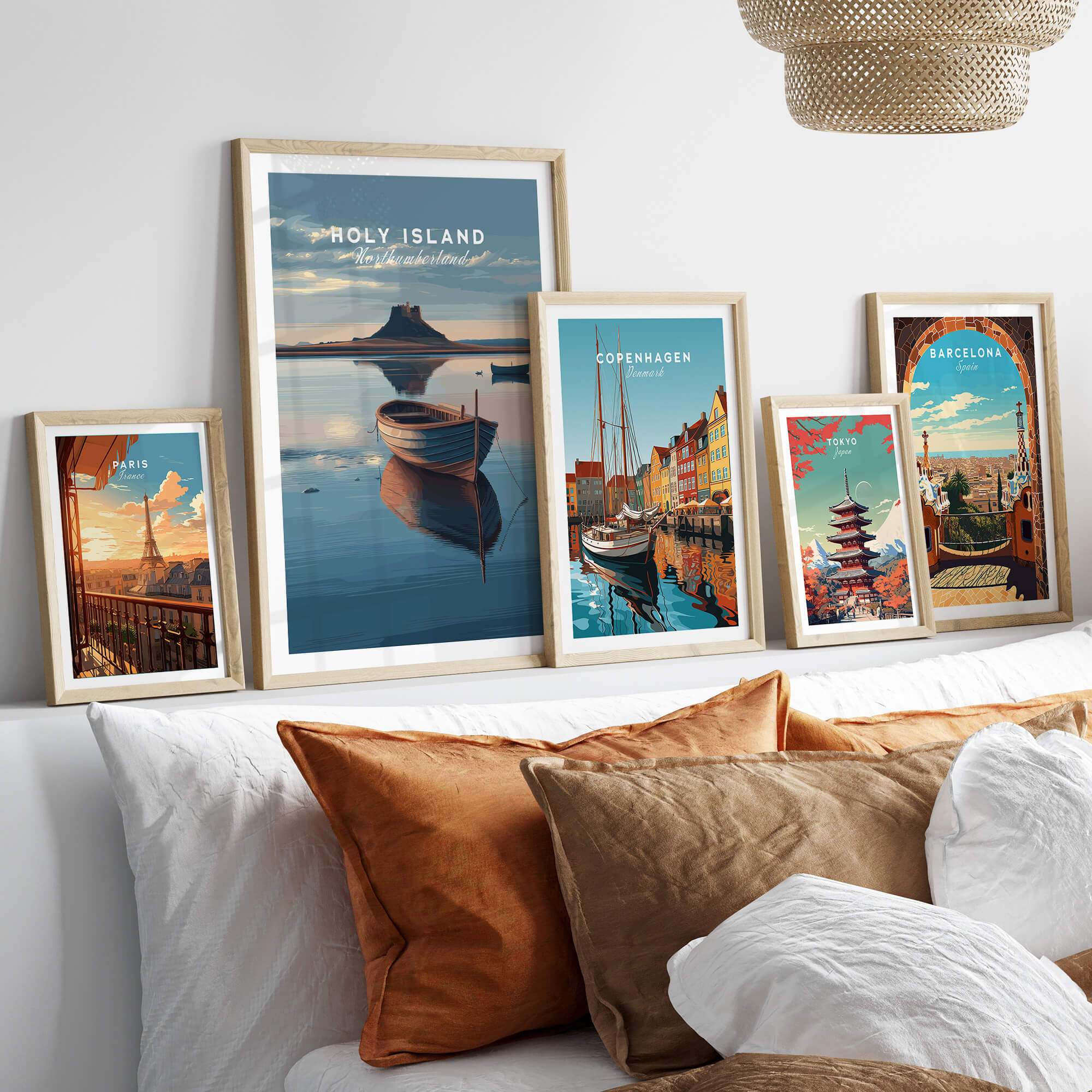 Holy Island Northumberland Wall Art Print | Serene Boat Scene Travel Poster displayed in a stylish interior setting.