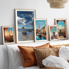 Holy Island Travel Poster Northumberland | Coastal Landscape Wall Art Print displayed among other travel posters.