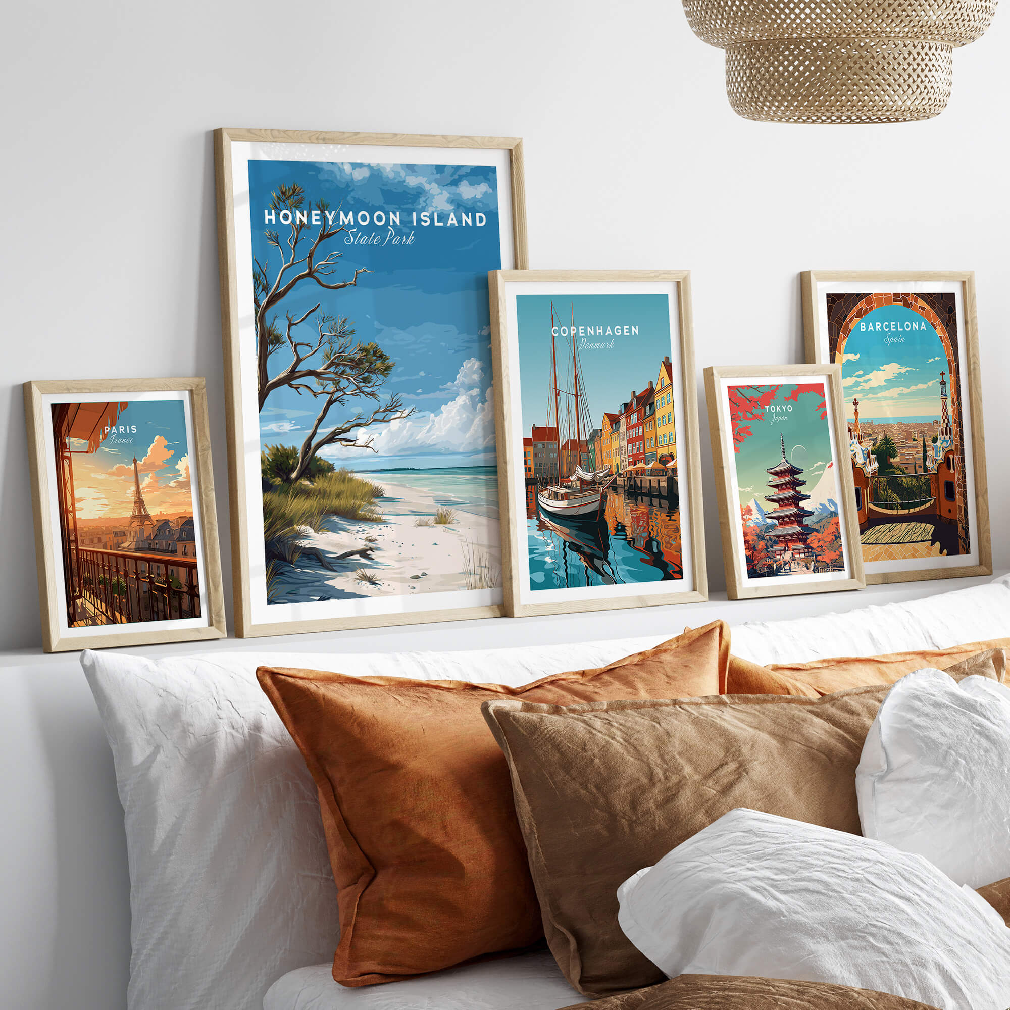 Honeymoon Island Wall Art Print | Florida Tropical Beach Travel Poster displayed in a stylish interior setup.