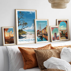 Honeymoon Island Poster | Florida State Park Coastline Canvas Print displayed in a cozy living room setting with decorative pillows.