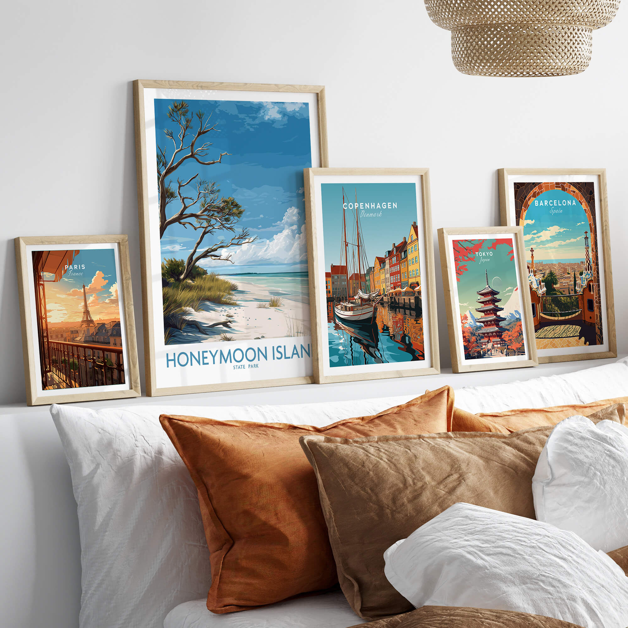 Honeymoon Island Poster | Florida State Park Coastline Canvas Print displayed in a cozy living room setting with decorative pillows.
