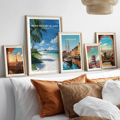 Honeymoon Island Travel Poster | Florida Beach Wall Art Print displayed in a stylish interior with decorative pillows.