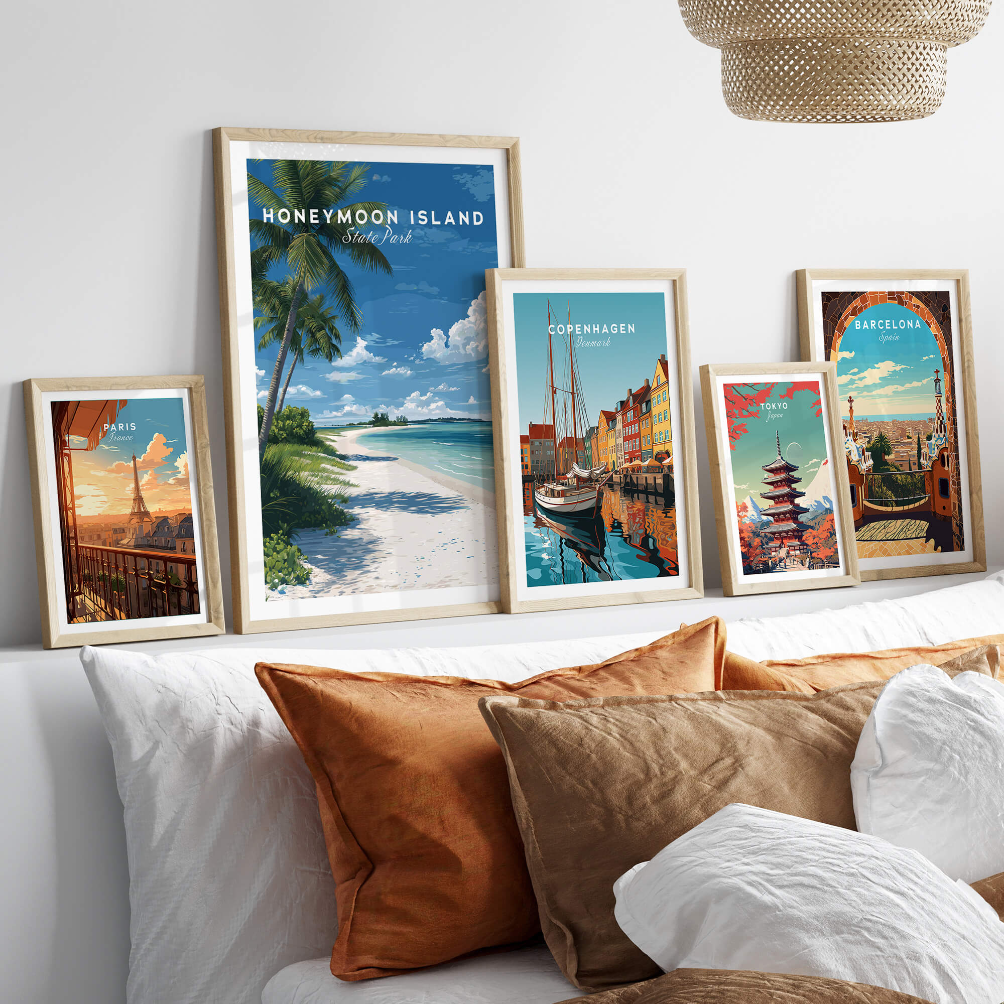 Honeymoon Island Travel Poster | Florida Beach Wall Art Print displayed in a stylish interior with decorative pillows.