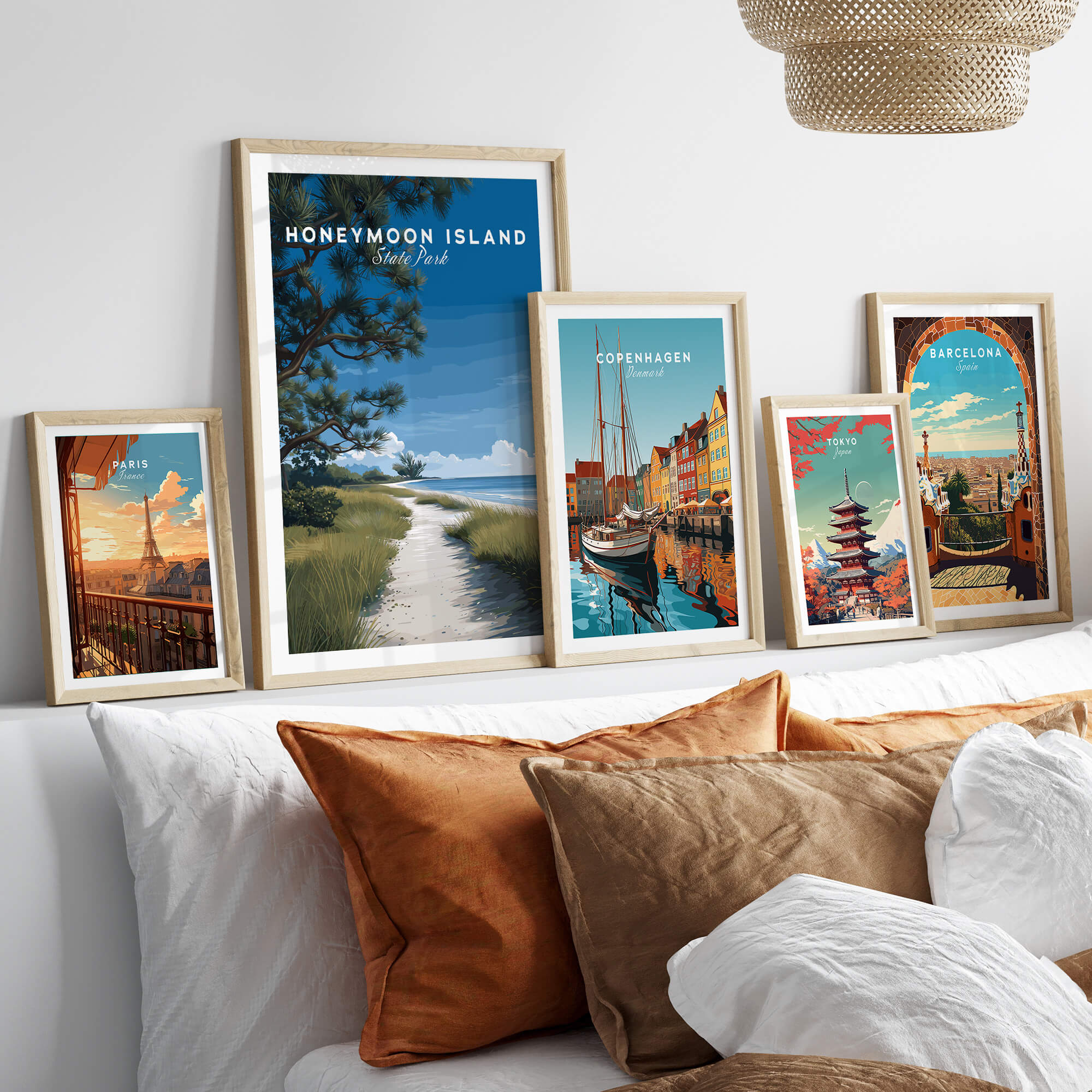 Honeymoon Island Wall Art Print | Florida Travel Poster displayed among other travel posters in a stylish living room.