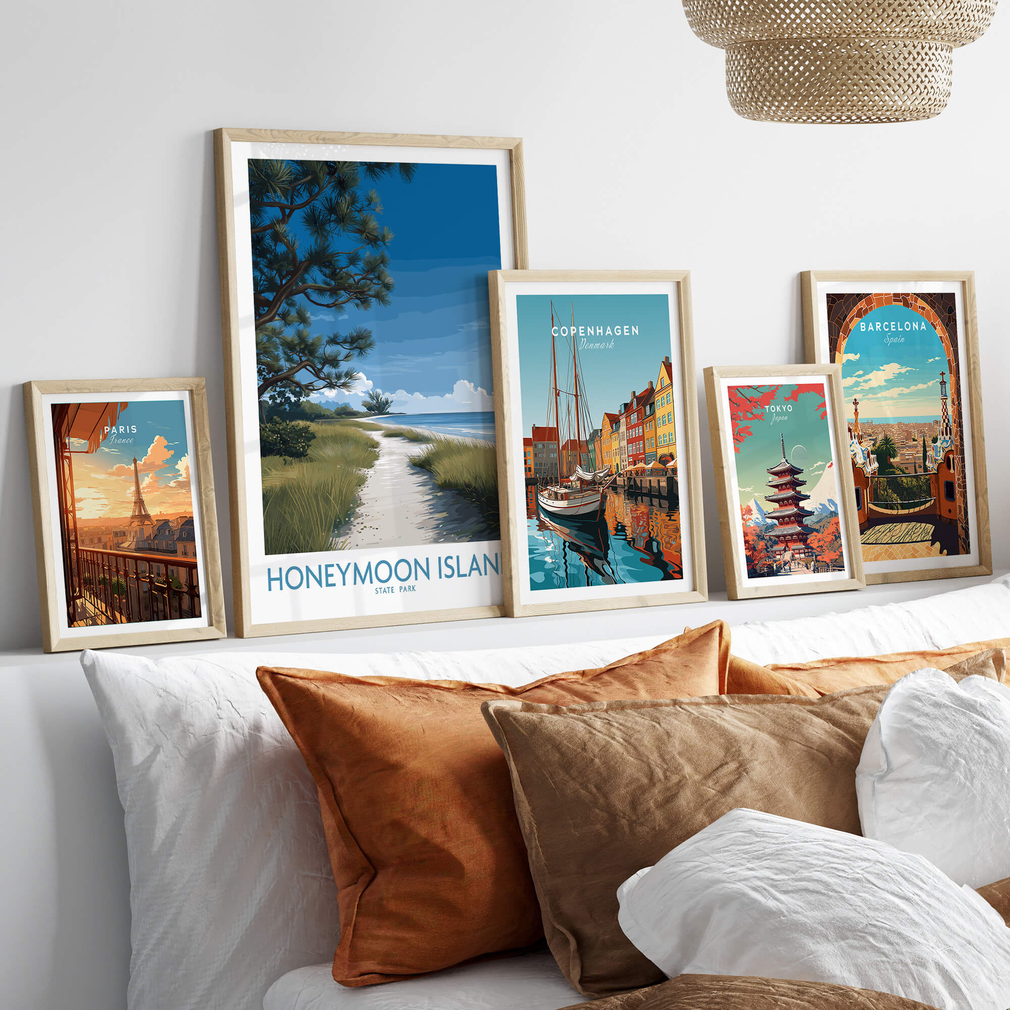 Honeymoon Island Florida Poster | Gulf Coast Landscape Canvas Print displayed among travel posters on a cozy couch.