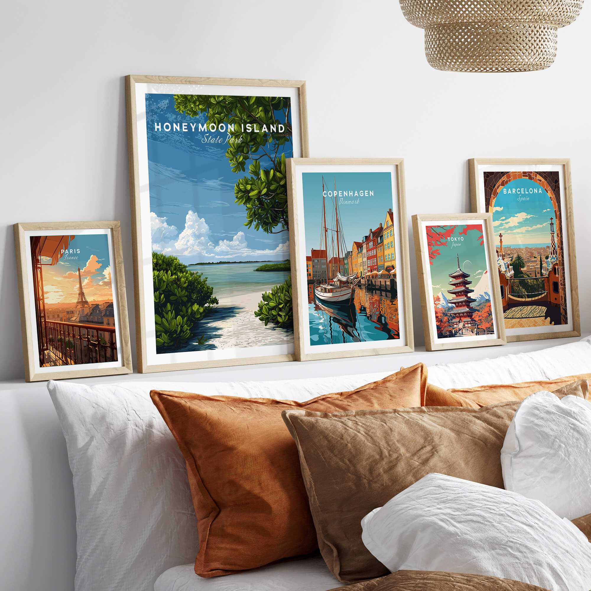 Honeymoon Island Florida Travel Poster | Mangrove Coast Wall Art Print displayed with other travel posters on a cozy couch.