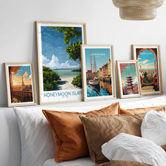 Honeymoon Island Florida Poster | Tropical Island Scene Canvas Print displayed on a modern wall with decorative pillows.