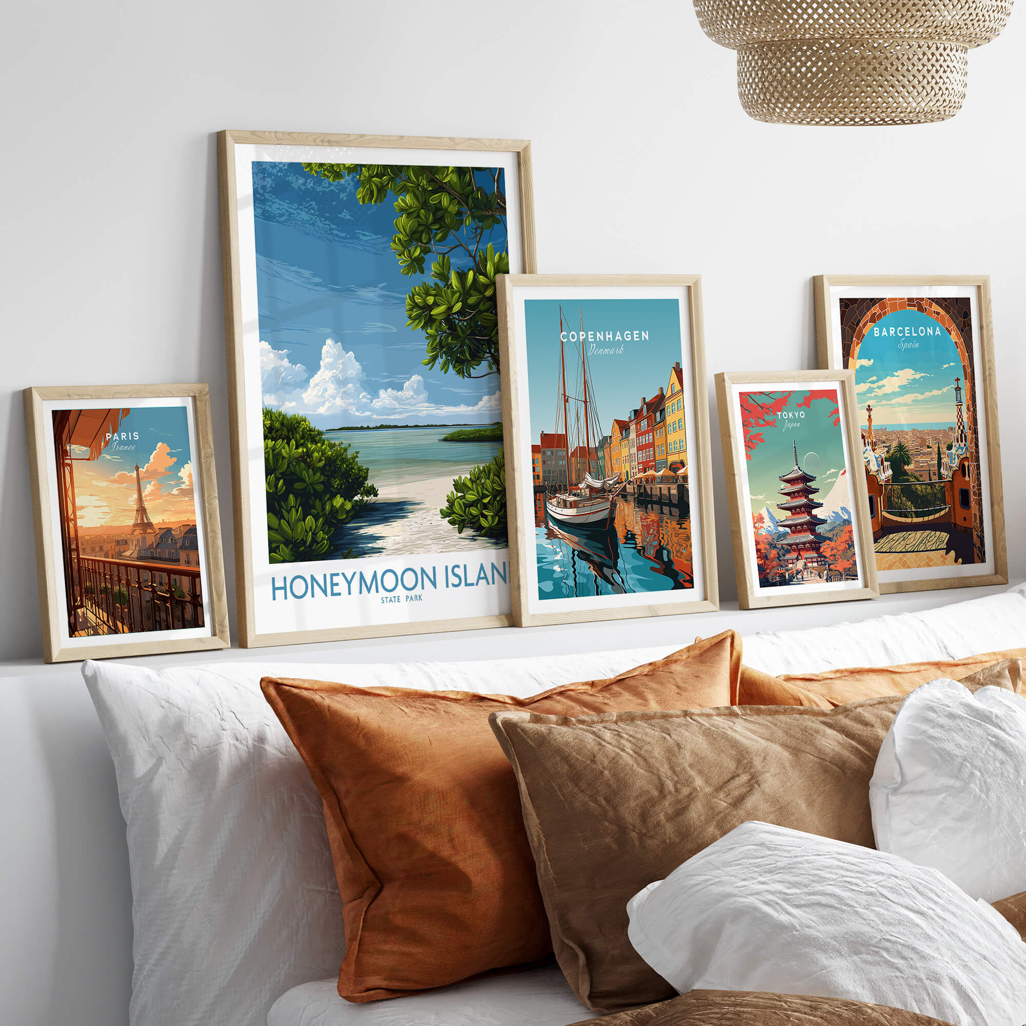 Honeymoon Island Florida Poster | Tropical Island Scene Canvas Print displayed on a modern wall with decorative pillows.