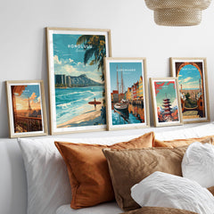 Honolulu Wall Art Print | Waikiki Beach Hawaii Travel Poster displayed in a stylish living room alongside other travel prints.