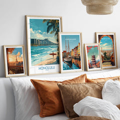Honolulu Poster | Hawaii Surfing Canvas Print displayed among various travel art prints and decorative pillows.