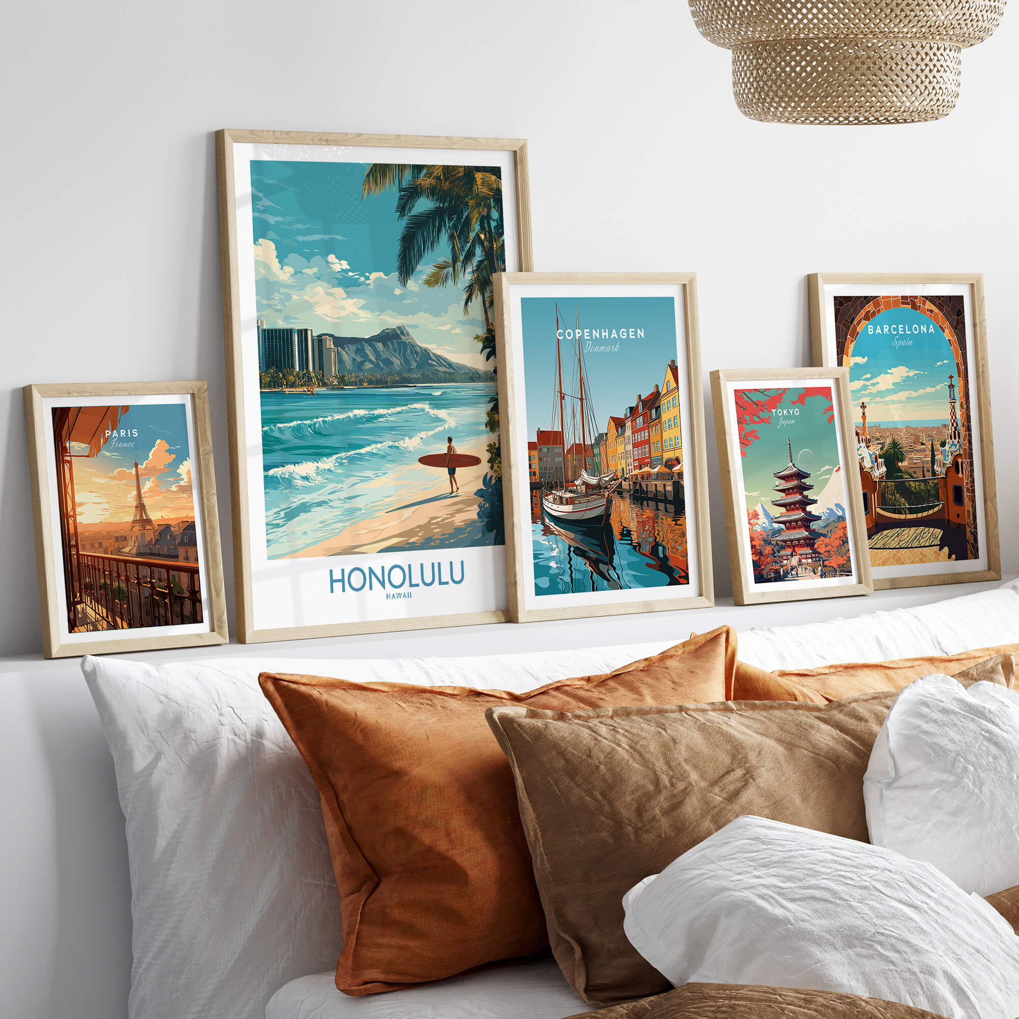Honolulu Poster | Hawaii Surfing Canvas Print displayed among various travel art prints and decorative pillows.