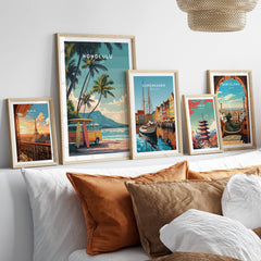 Honolulu Hawaii Travel Poster | Surf Van Beach Wall Art Print displayed on a wall with other city travel posters.