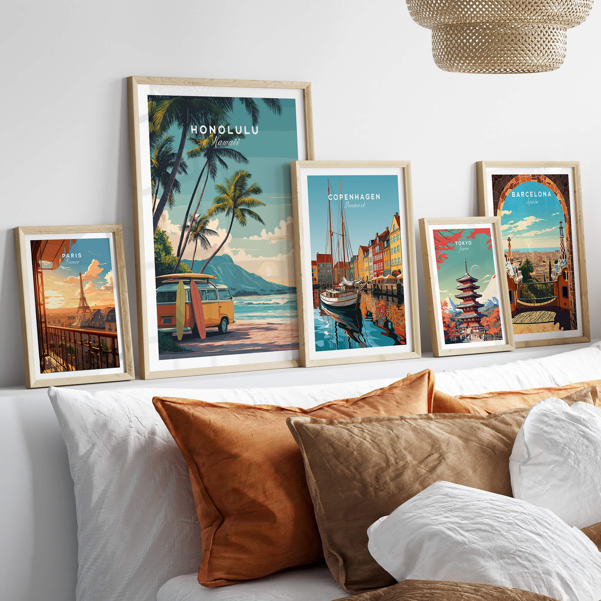 Honolulu Hawaii Travel Poster | Surf Van Beach Wall Art Print displayed on a wall with other city travel posters.
