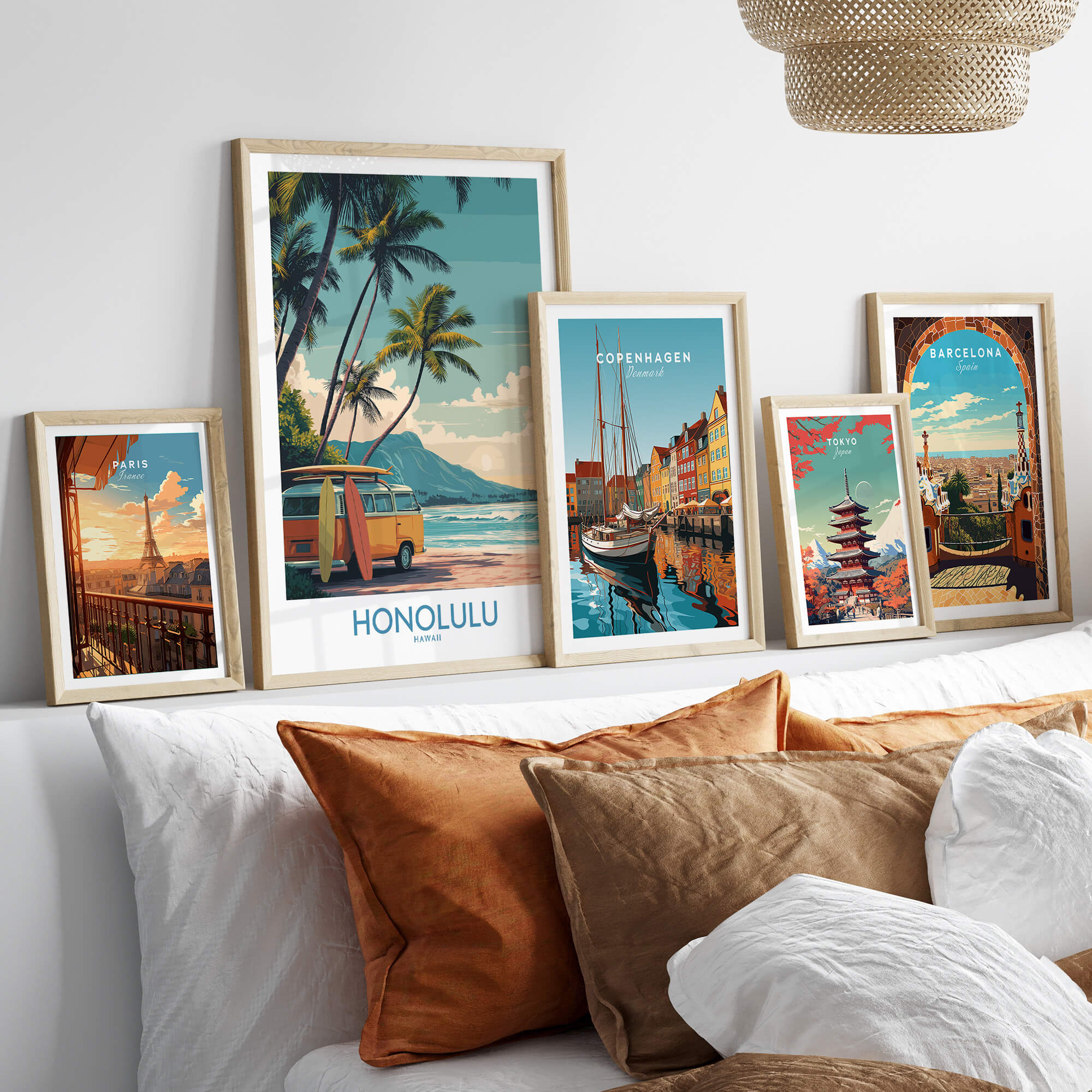 Honolulu Hawaii Poster | Vintage Aloha Style Canvas Print displayed among other vintage travel posters on a couch.