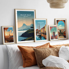 Isle of Islay Scotland Travel Poster showcased among framed travel posters in a stylish home setting.