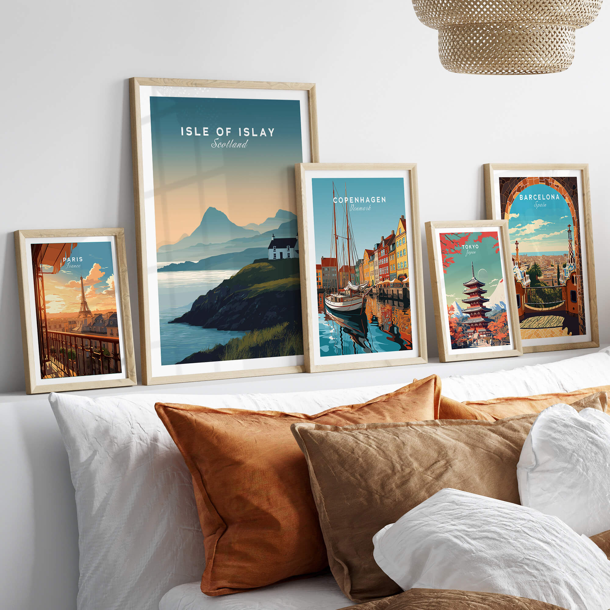 Isle of Islay Scotland Travel Poster showcased among framed travel posters in a stylish home setting.