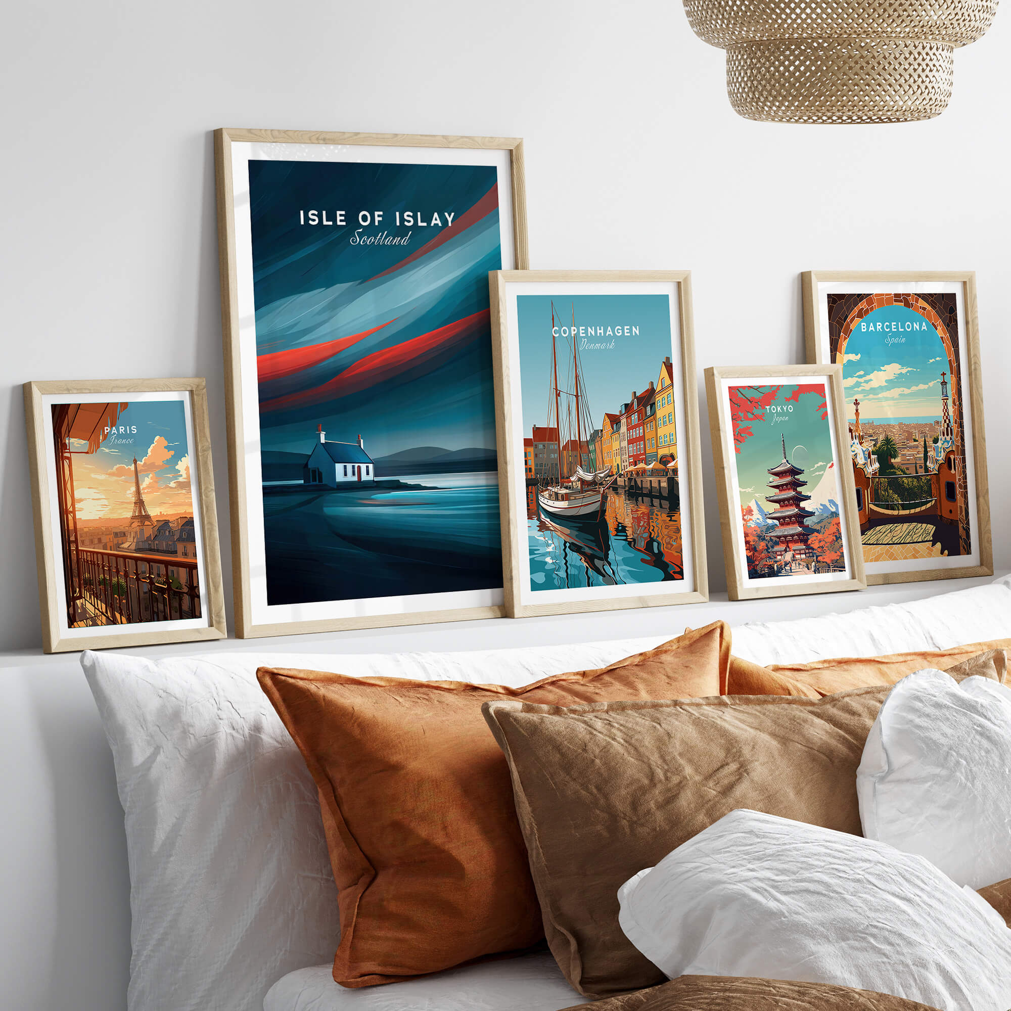 Isle of Islay Scotland Wall Art Print | Dramatic Sky Travel Poster showcased among other travel prints in a stylish interior setting.