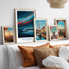 Isle of Islay Scotland Posters | Vibrant Scottish Island Scene Canvas Print displayed on a cozy wall above a sofa.