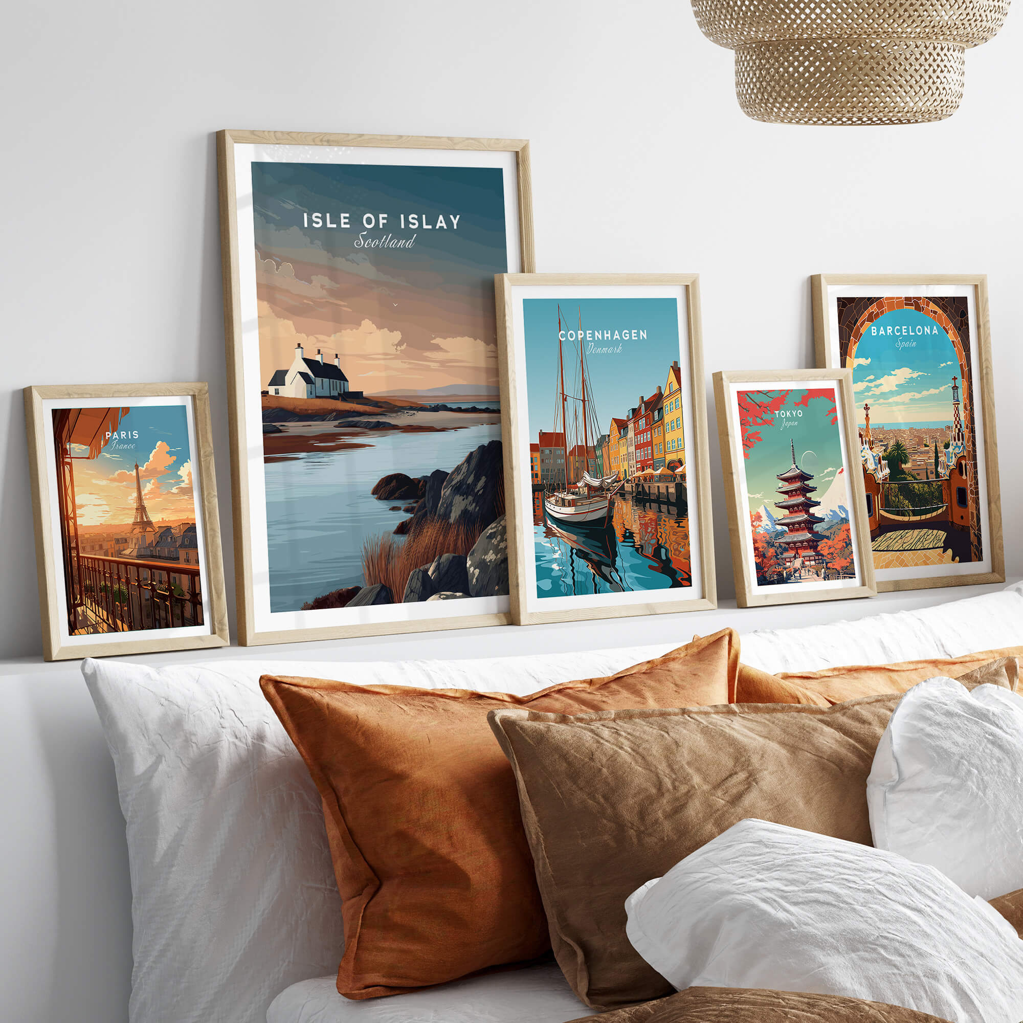 Isle of Islay Scotland Travel Posters | Scenic Coastal Cottage Wall Art Print displayed among other travel posters.