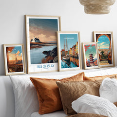 Isle of Islay Scotland Canvas Print | Hebrides Sunset Landscape Posters displayed on a stylish sofa with decorative pillows.