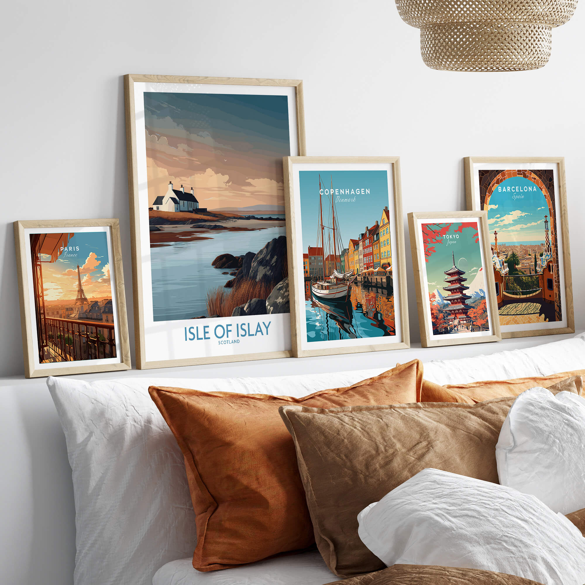 Isle of Islay Scotland Canvas Print | Hebrides Sunset Landscape Posters displayed on a stylish sofa with decorative pillows.