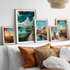 Isle of Islay Scotland Wall Art Print | Coastal Path Travel Poster displayed in a stylish interior with other travel posters.