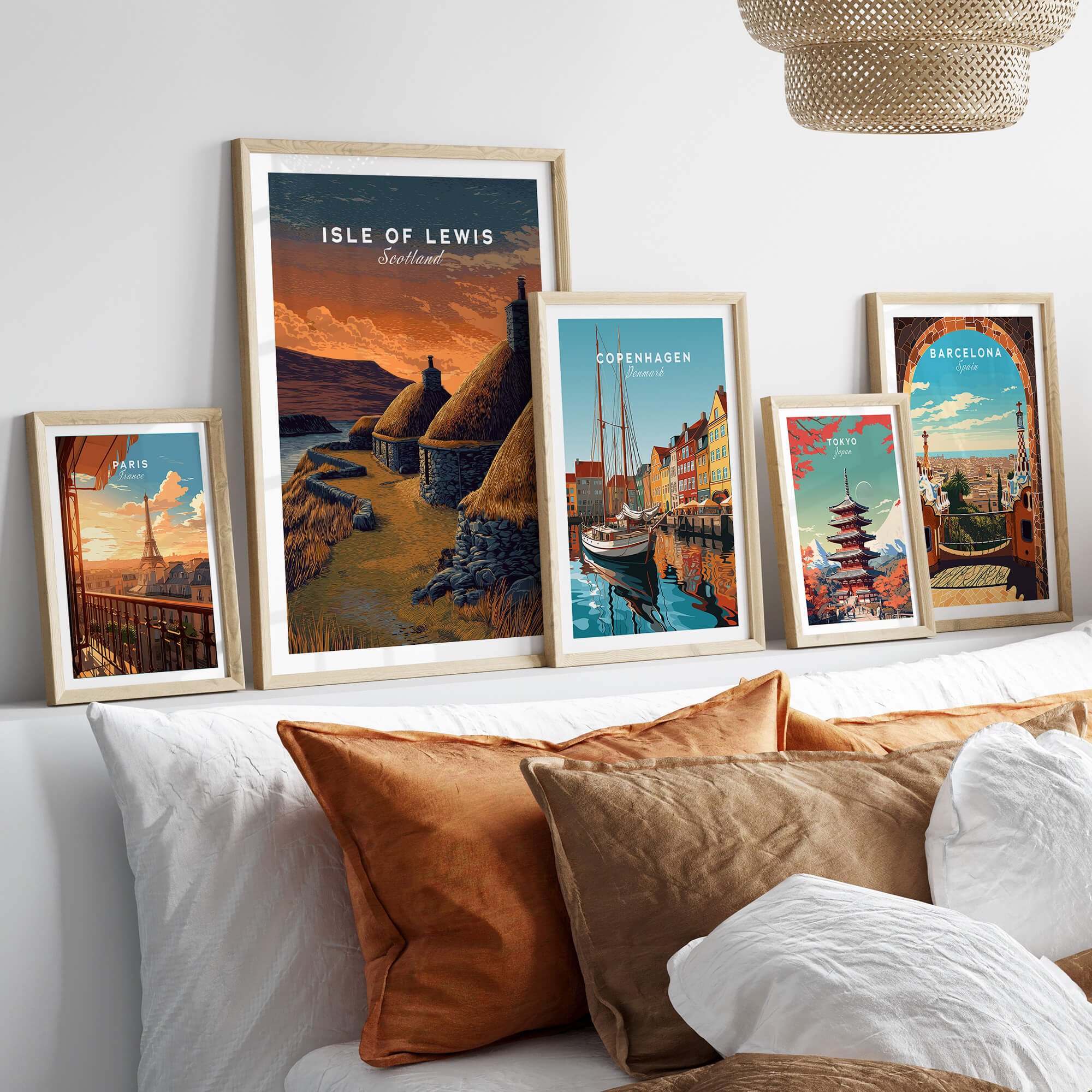 Isle of Lewis Scotland Travel Poster | Blackhouse Village Wall Art Print displayed among other travel posters in a stylish living room setting.