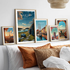 Isle of Lewis Scotland Travel Poster | Gearrannan Blackhouse Wall Art Print displayed in a modern living room.