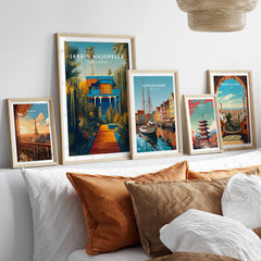Jardim Majorelle Marrakesh Wall Art Print | Moroccan Blue Garden Travel Posters displayed in framed artwork on a wall.
