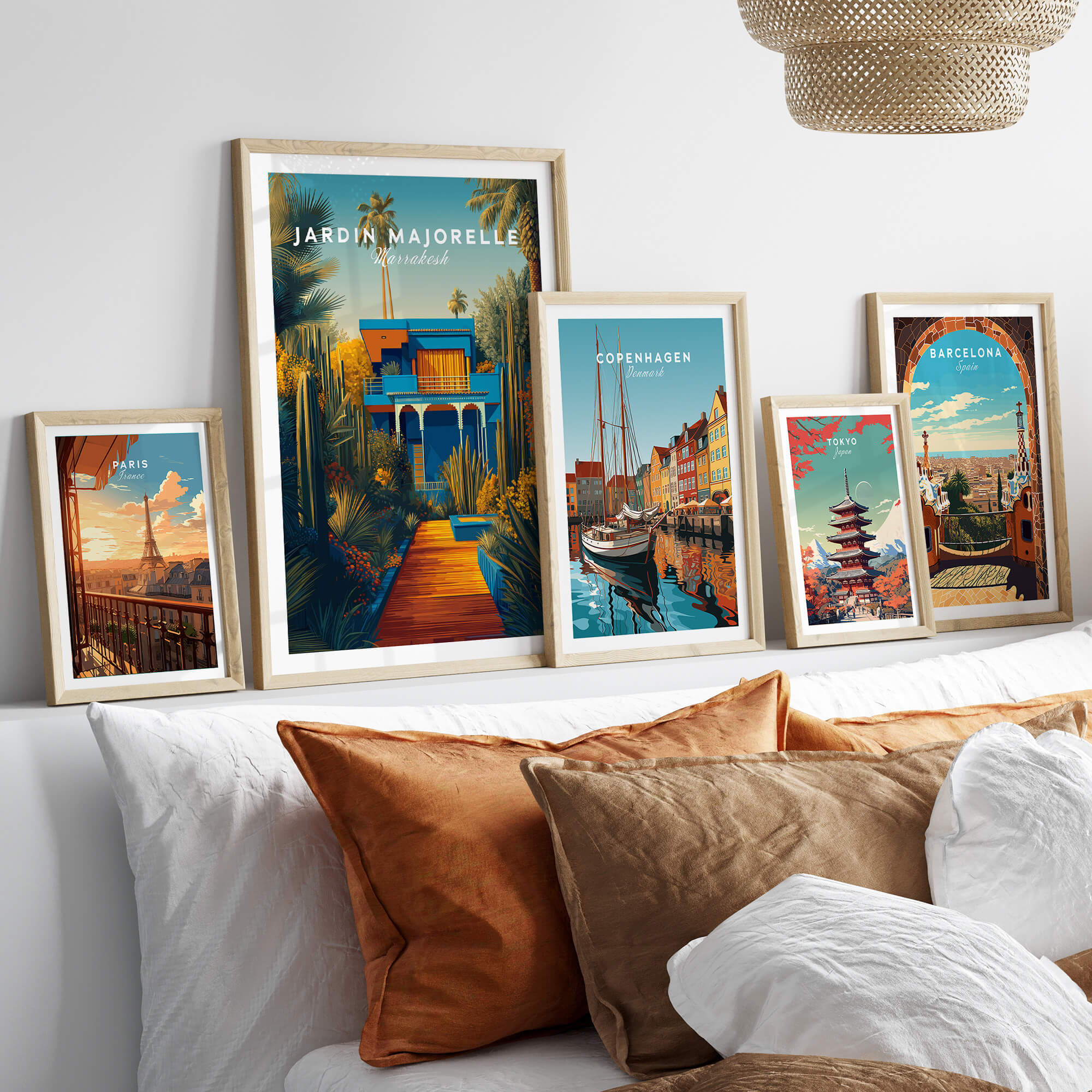 Jardim Majorelle Marrakesh Wall Art Print | Moroccan Blue Garden Travel Posters displayed in framed artwork on a wall.