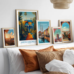 Jardim Majorelle Marrakesh Posters | Vibrant Architecture & Palms Canvas Print displayed in a stylish living room setting.