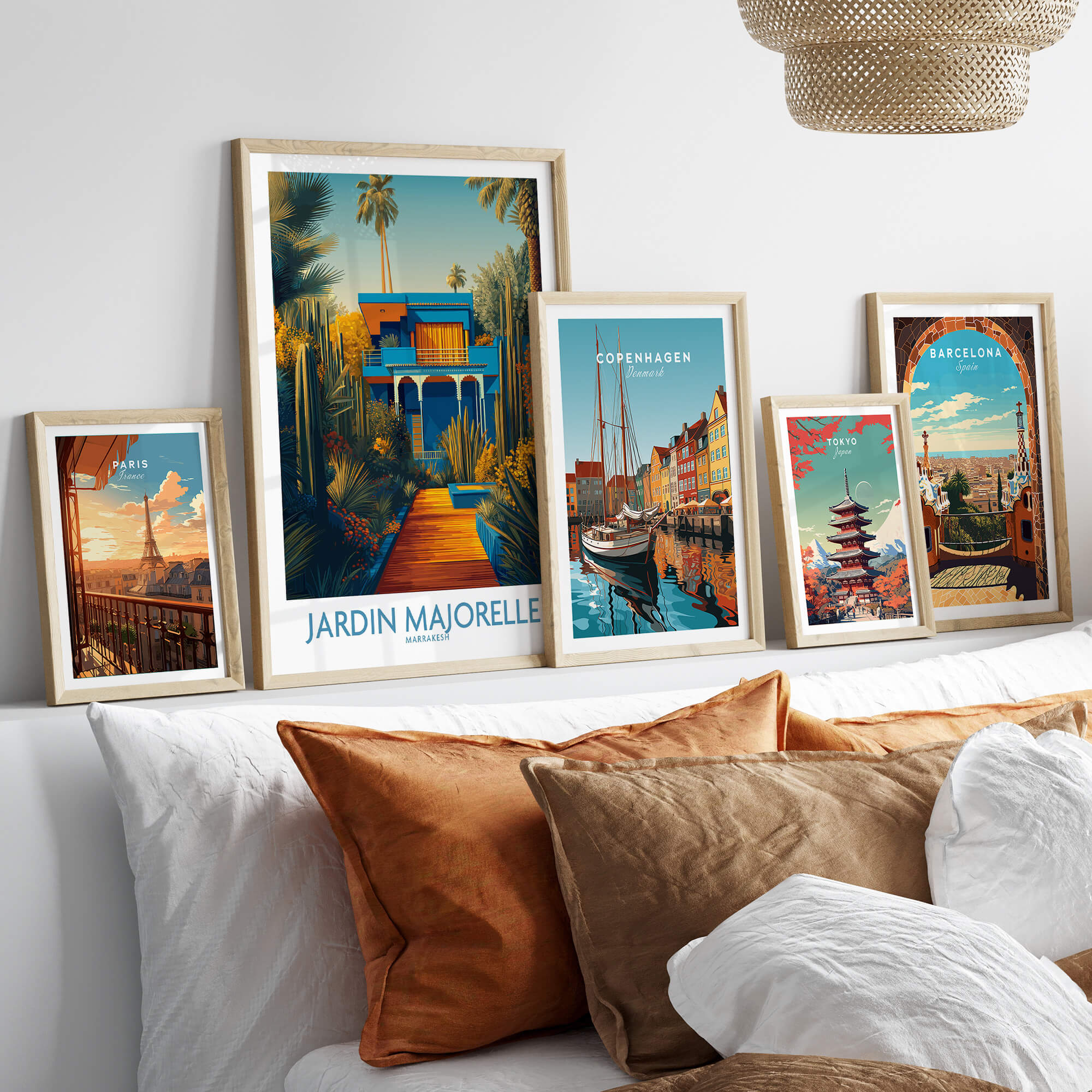 Jardim Majorelle Marrakesh Posters | Vibrant Architecture & Palms Canvas Print displayed in a stylish living room setting.