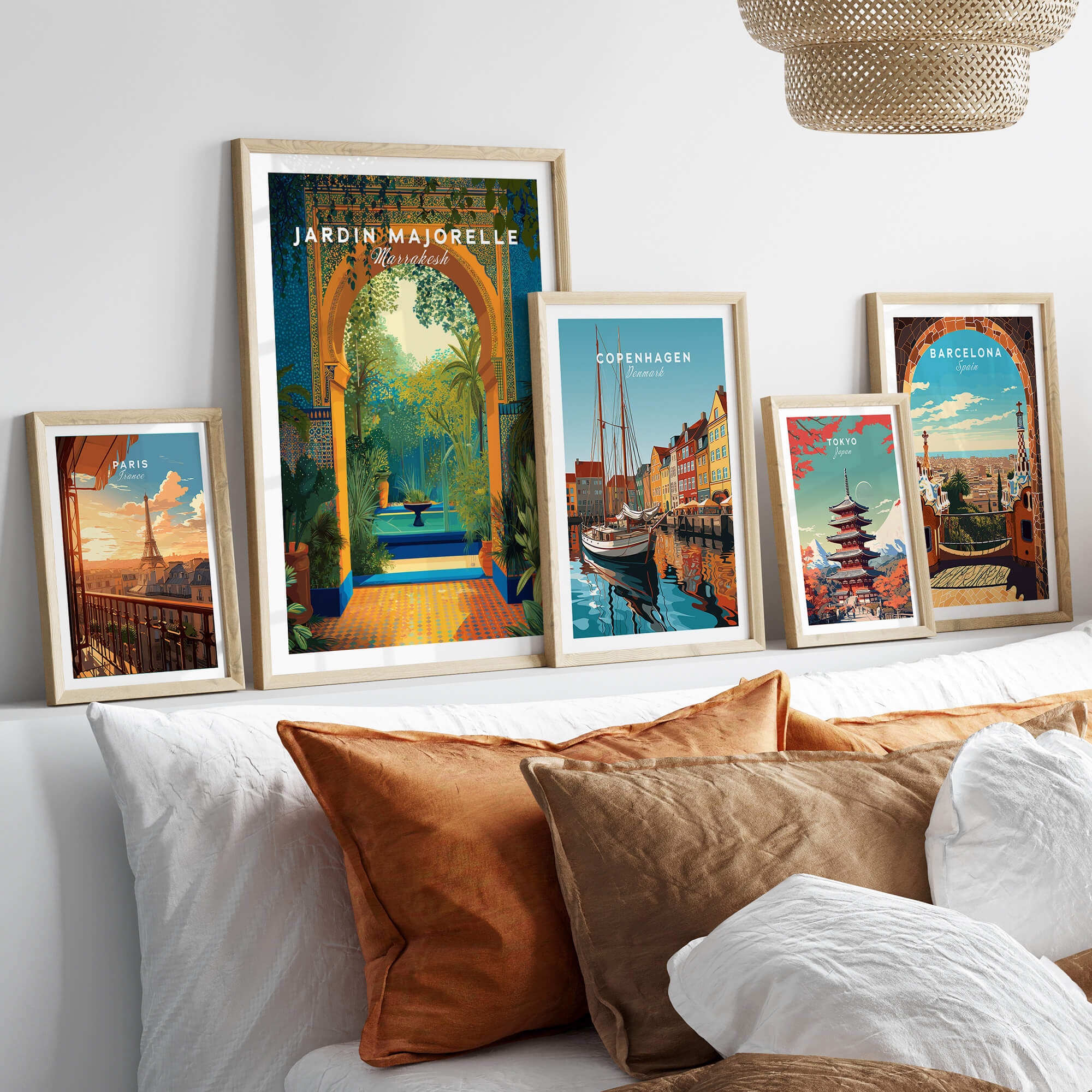 Jardim Majorelle Marrakesh Travel Posters | Moroccan Archway Garden Wall Art Print displayed in stylish frames.
