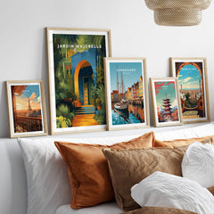 Jardim Majorelle Marrakesh Wall Art Print | Botanical Moroccan Villa Travel Poster displayed among other travel posters.