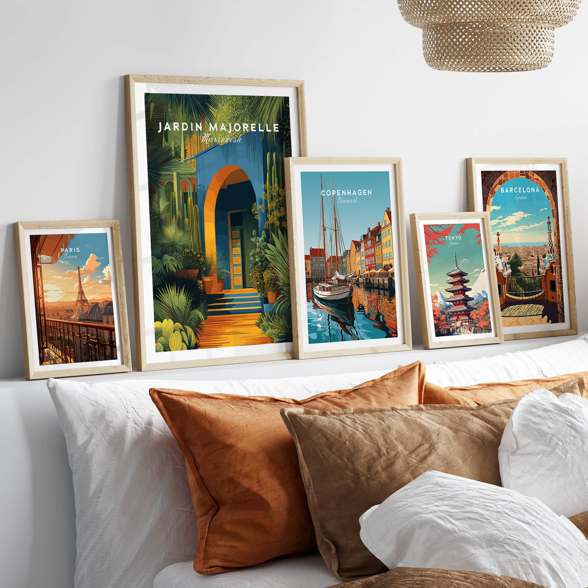 Jardim Majorelle Marrakesh Wall Art Print | Botanical Moroccan Villa Travel Poster displayed among other travel posters.