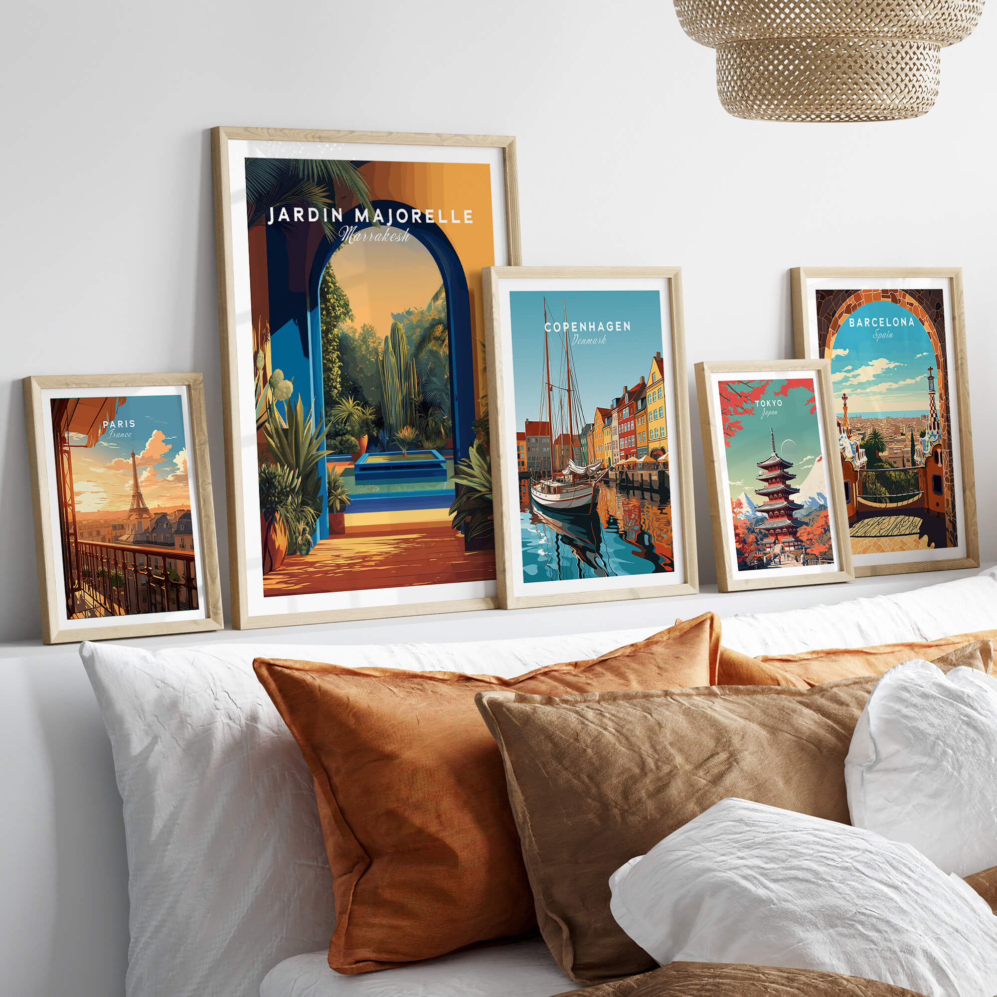 Jardim Majorelle Marrakesh Travel Posters | Garden Fountain Scene Wall Art Print displayed on a stylish sofa.