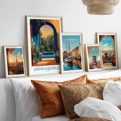 Jardim Majorelle Marrakesh Canvas Print | Exotic Plant & Architecture Posters displayed on a stylish sofa.