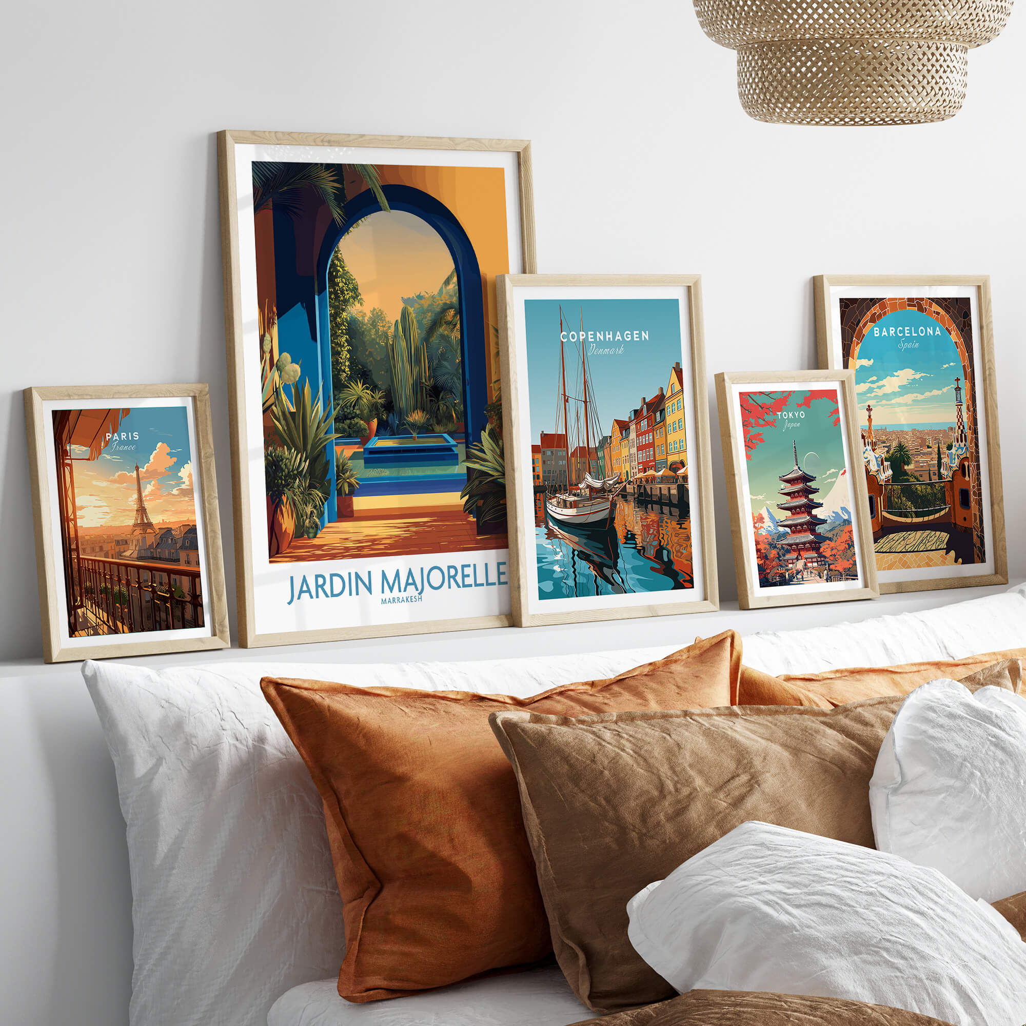 Jardim Majorelle Marrakesh Canvas Print | Exotic Plant & Architecture Posters displayed on a stylish sofa.