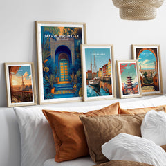 Jardim Majorelle Marrakesh Wall Art Print | Ornate Moroccan Doorway Travel Posters displayed in stylish frames.