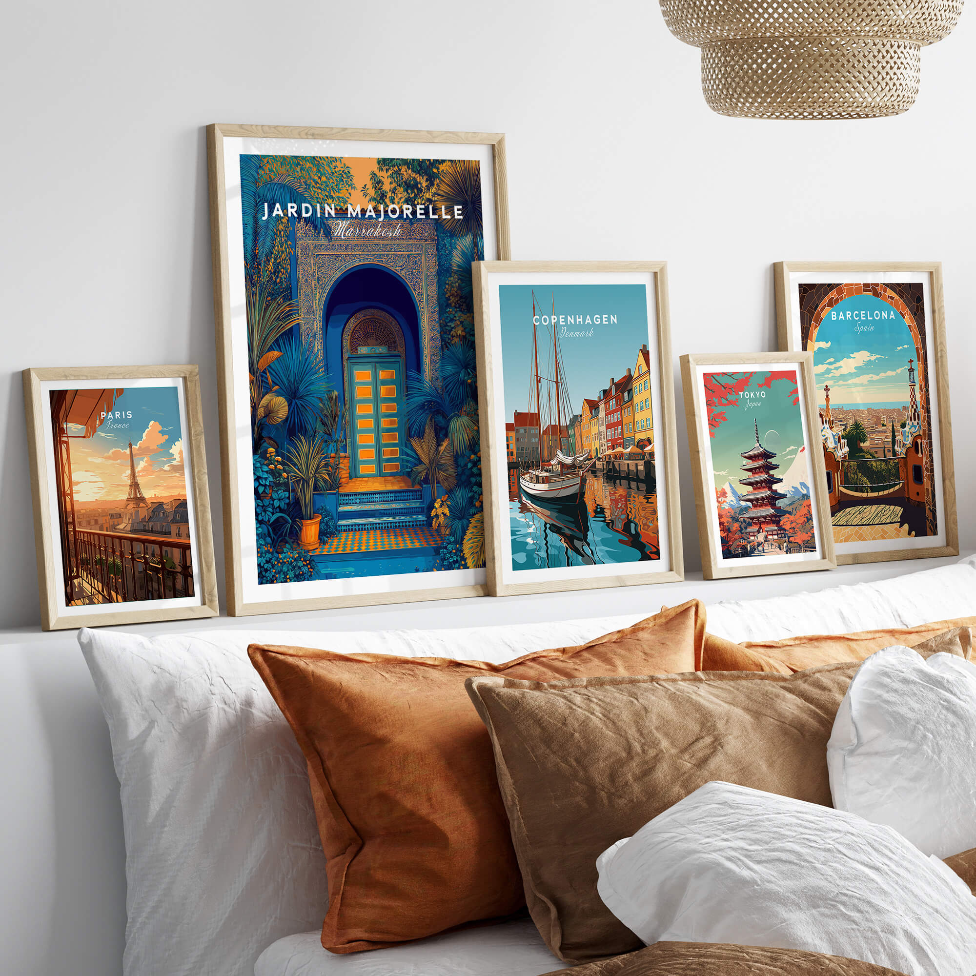 Jardim Majorelle Marrakesh Wall Art Print | Ornate Moroccan Doorway Travel Posters displayed in stylish frames.