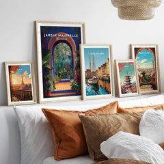 Jardim Majorelle Marrakesh Travel Poster | Lush Tropical Garden Wall Art Print displayed among other travel posters.