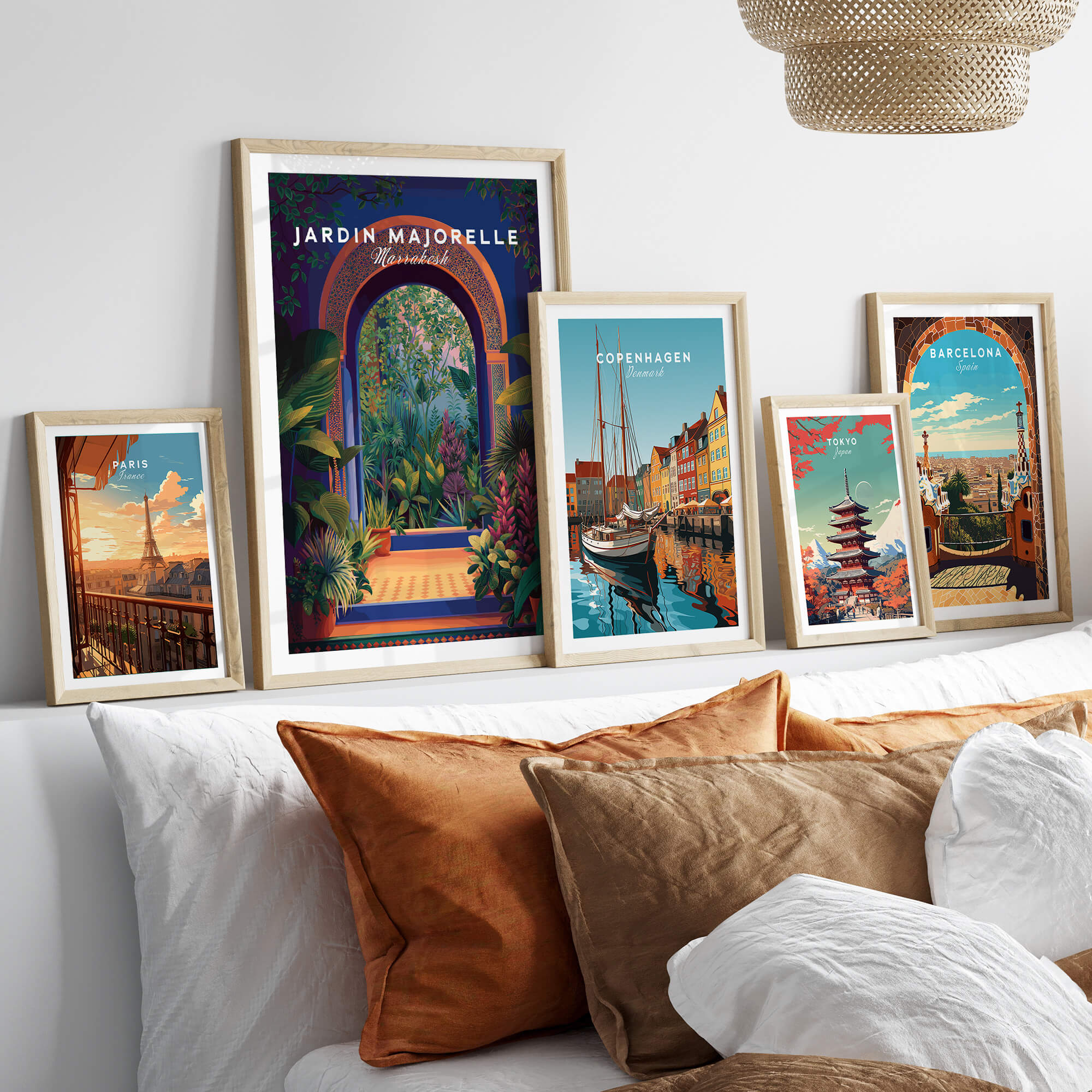 Jardim Majorelle Marrakesh Travel Poster | Lush Tropical Garden Wall Art Print displayed among other travel posters.