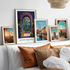 Jardim Majorelle Marrakesh Canvas Print | Colorful Moroccan Landscape Poster displayed in stylish frames on a couch.