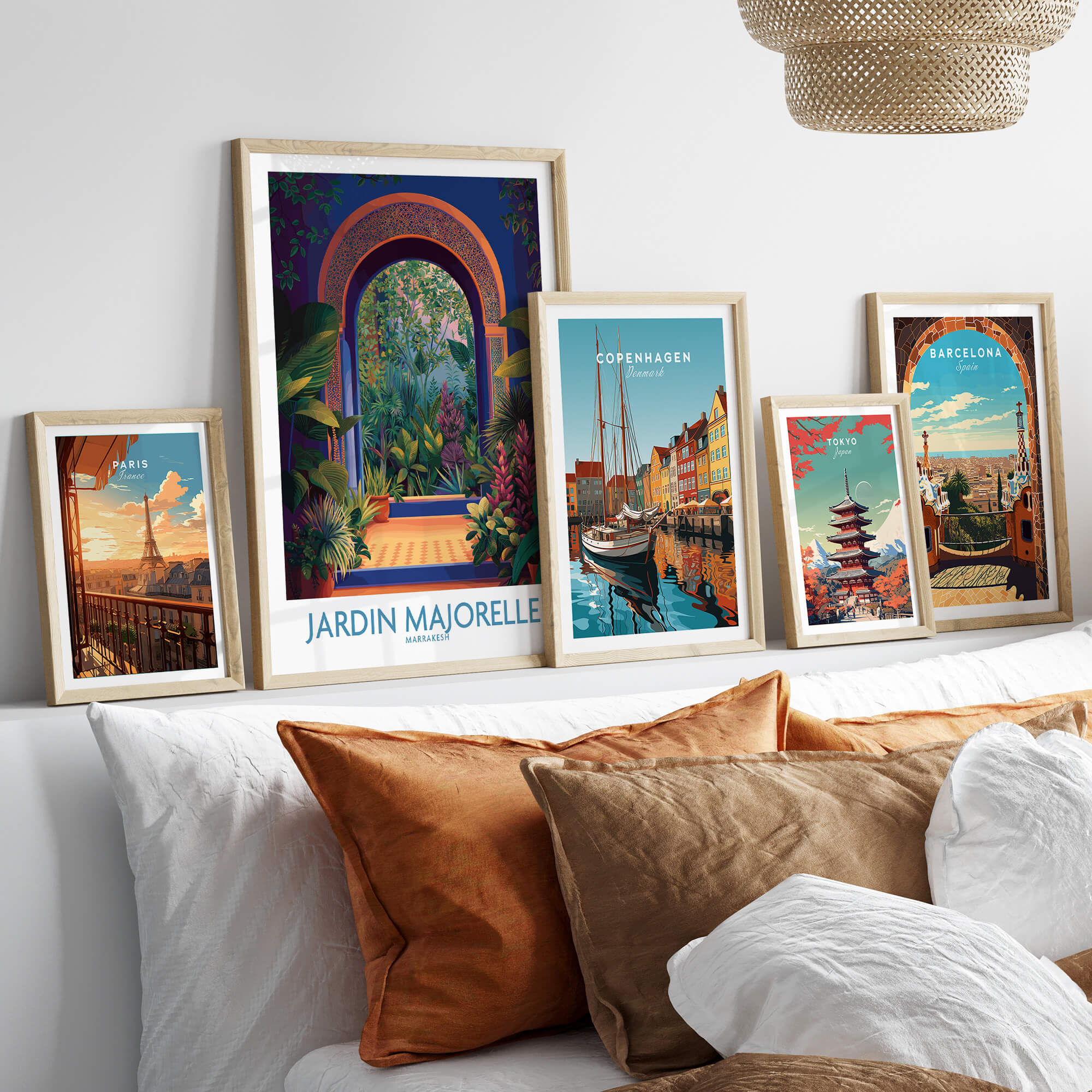 Jardim Majorelle Marrakesh Canvas Print | Colorful Moroccan Landscape Poster displayed in stylish frames on a couch.