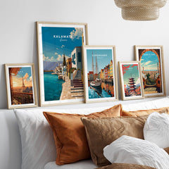Kalamata Greece Wall Art Print | Mediterranean Seaside Town Travel Poster displayed in stylish frames on a cozy wall.