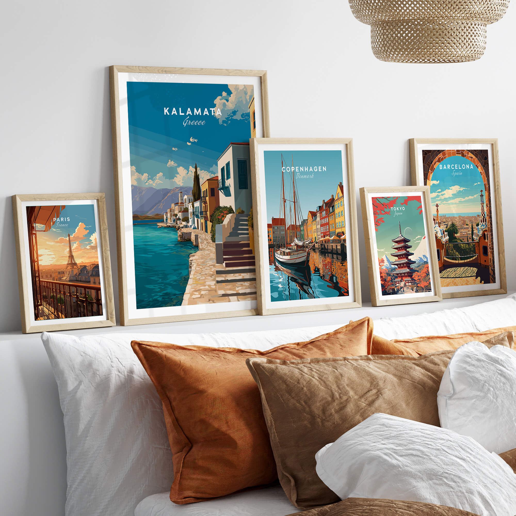 Kalamata Greece Wall Art Print | Mediterranean Seaside Town Travel Poster displayed in stylish frames on a cozy wall.