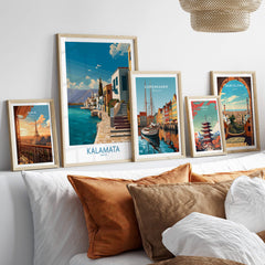 Kalamata Greece Poster | Greek Coastal Canvas Print displayed among other framed city prints on a stylish sofa.