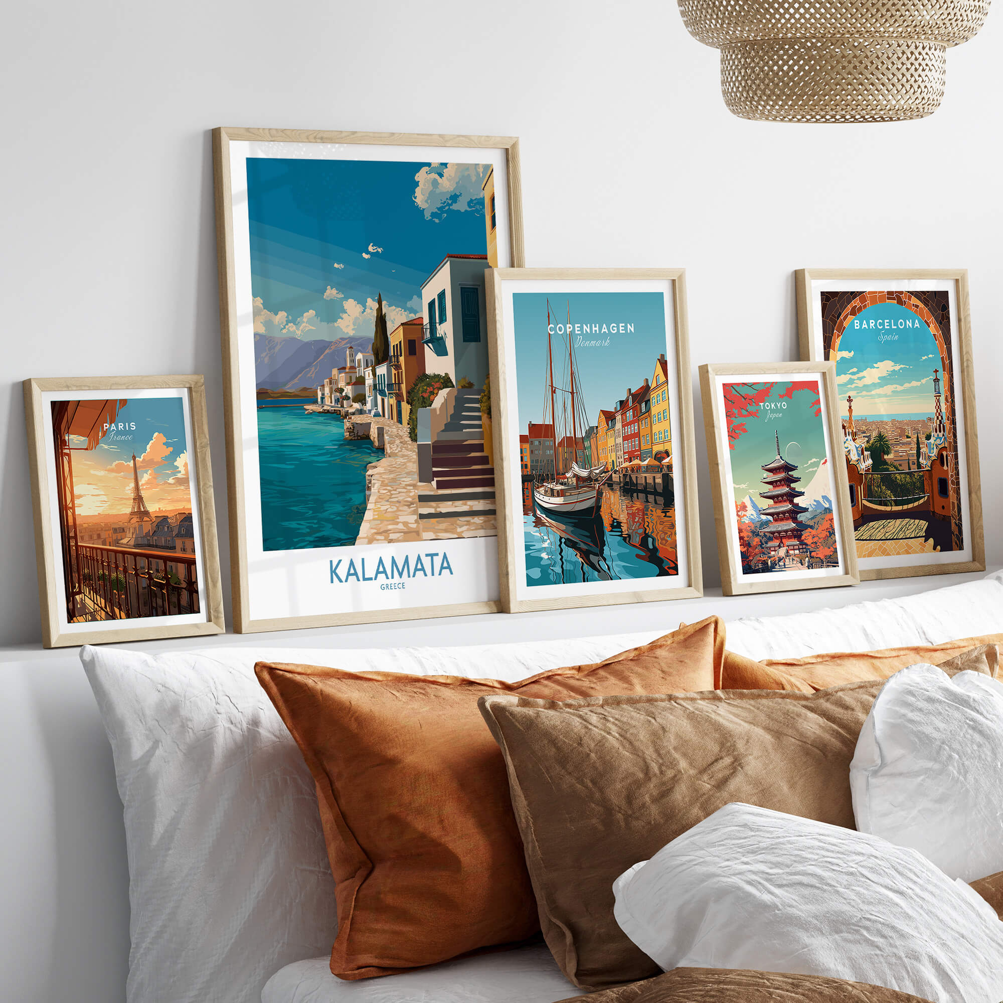 Kalamata Greece Poster | Greek Coastal Canvas Print displayed among other framed city prints on a stylish sofa.